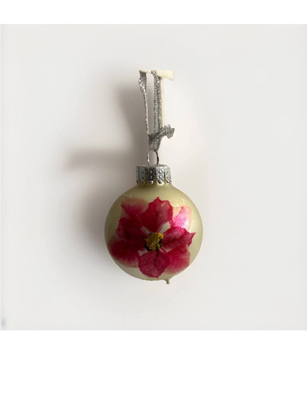 Vintage Hand-Painted Pink Floral Glass Holiday Ornament